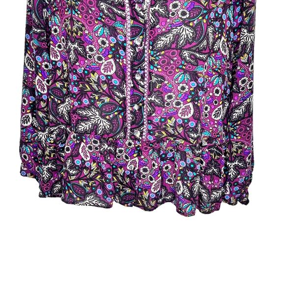 Maeve Janie Purple Floral Leaf Print Peasant Boho Ruffle Hem Blouse - Picture 8 of 11